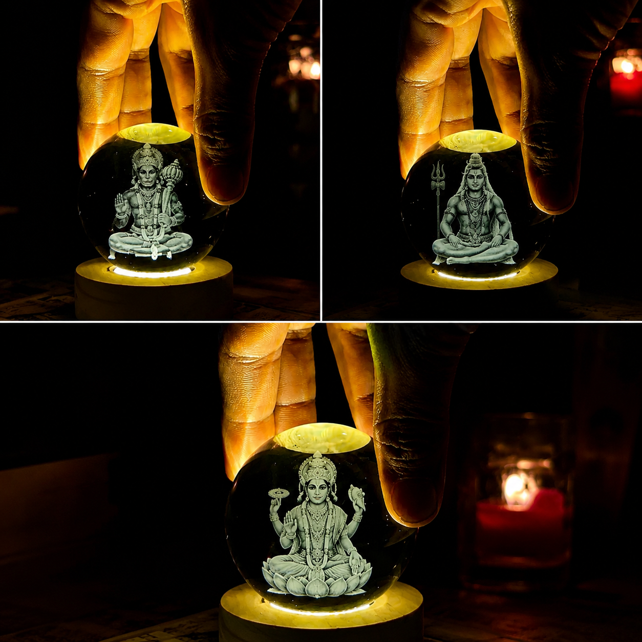 3D Crystal Ball Divine Collection – Hanuman Ji, Lord Shiva & Lord Vishnu LED Crystal Sphere