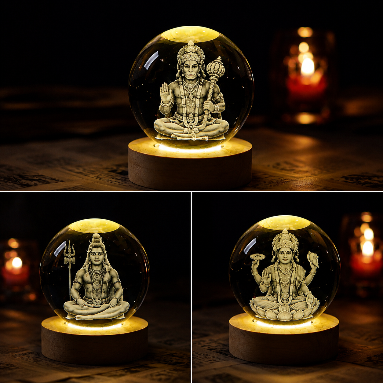 3D Crystal Ball Divine Collection – Hanuman Ji, Lord Shiva & Lord Vishnu LED Crystal Sphere