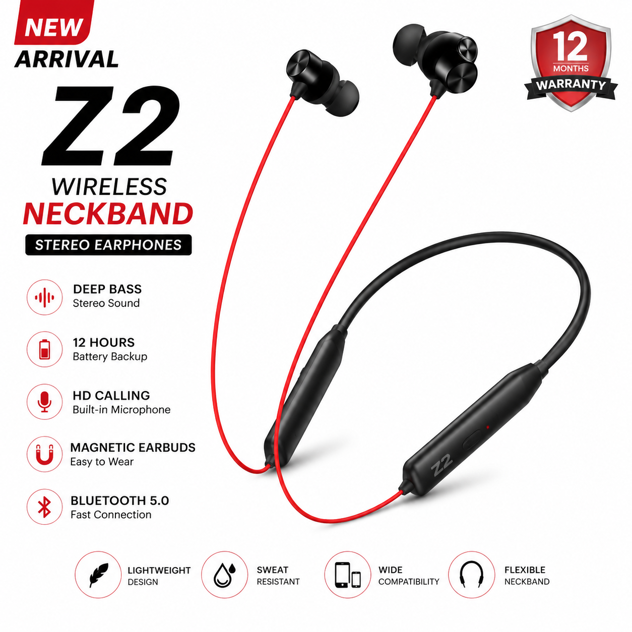 Z2 Wireless Bluetooth Neckband Earphones | Deep Bass | 12 Hours Battery Backup | Magnetic Earbuds