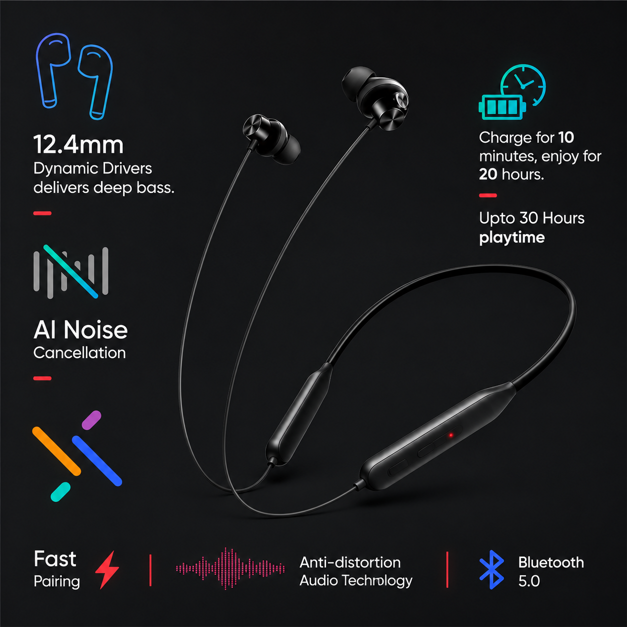 Z2 Wireless Bluetooth Neckband Earphones | Deep Bass | 12 Hours Battery Backup | Magnetic Earbuds