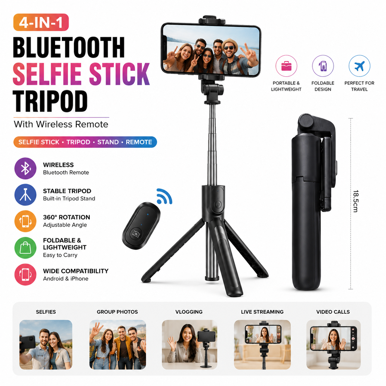 4-in-1 Portable Selfie Stick Tripod with Wireless Remote | Adjustable Bluetooth Selfie Stick for Android & iPhone