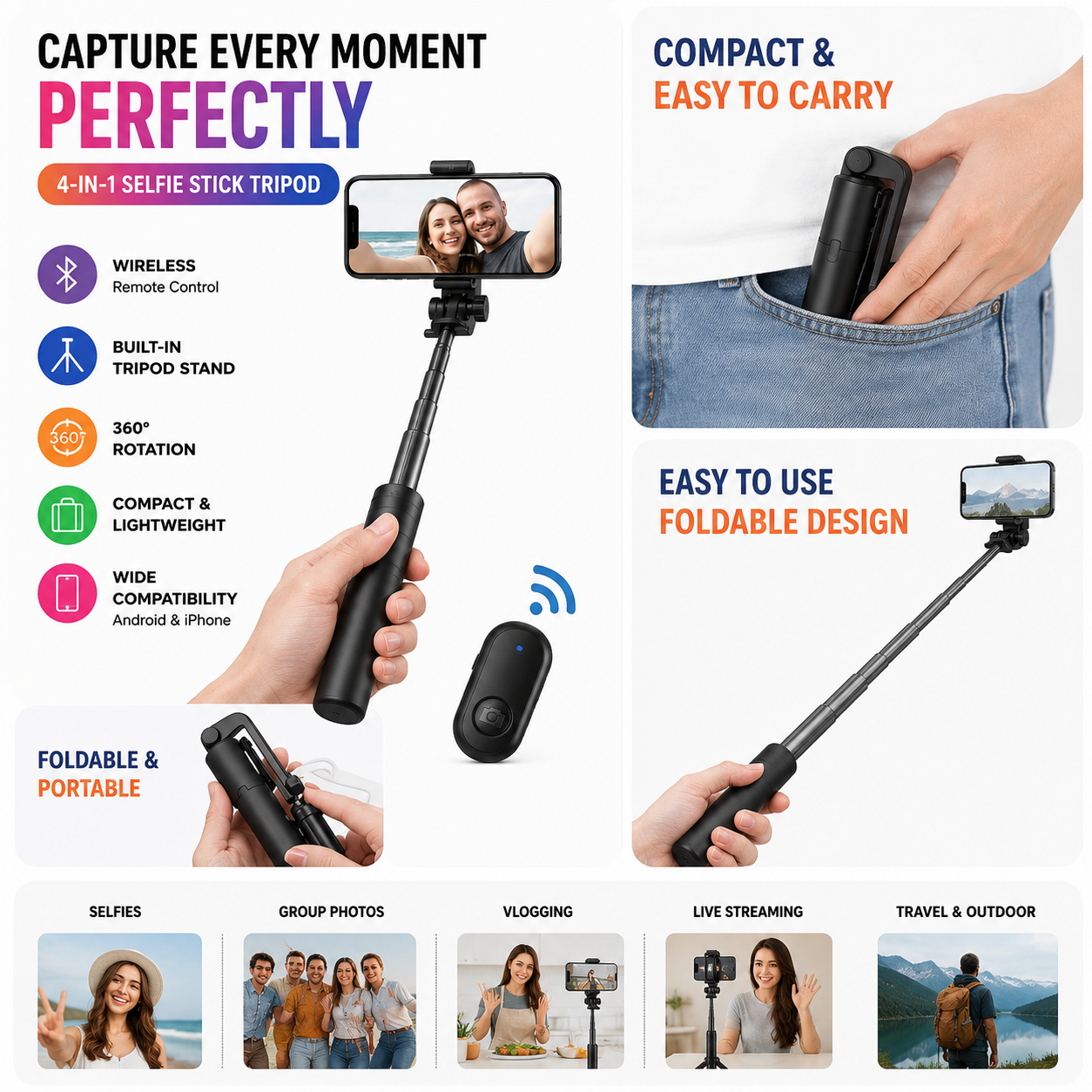 4-in-1 Portable Selfie Stick Tripod with Wireless Remote | Adjustable Bluetooth Selfie Stick for Android & iPhone