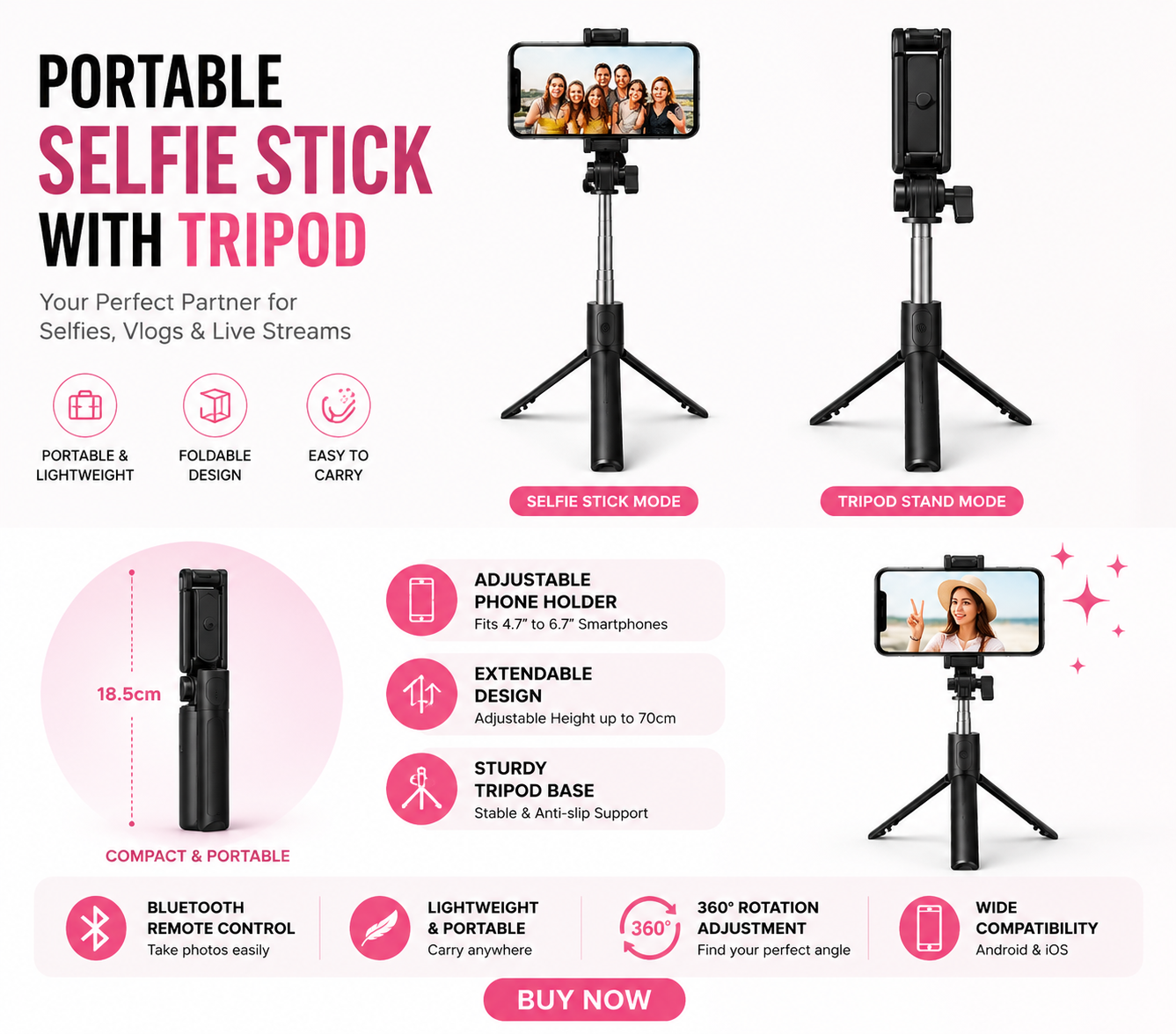 4-in-1 Portable Selfie Stick Tripod with Wireless Remote | Adjustable Bluetooth Selfie Stick for Android & iPhone