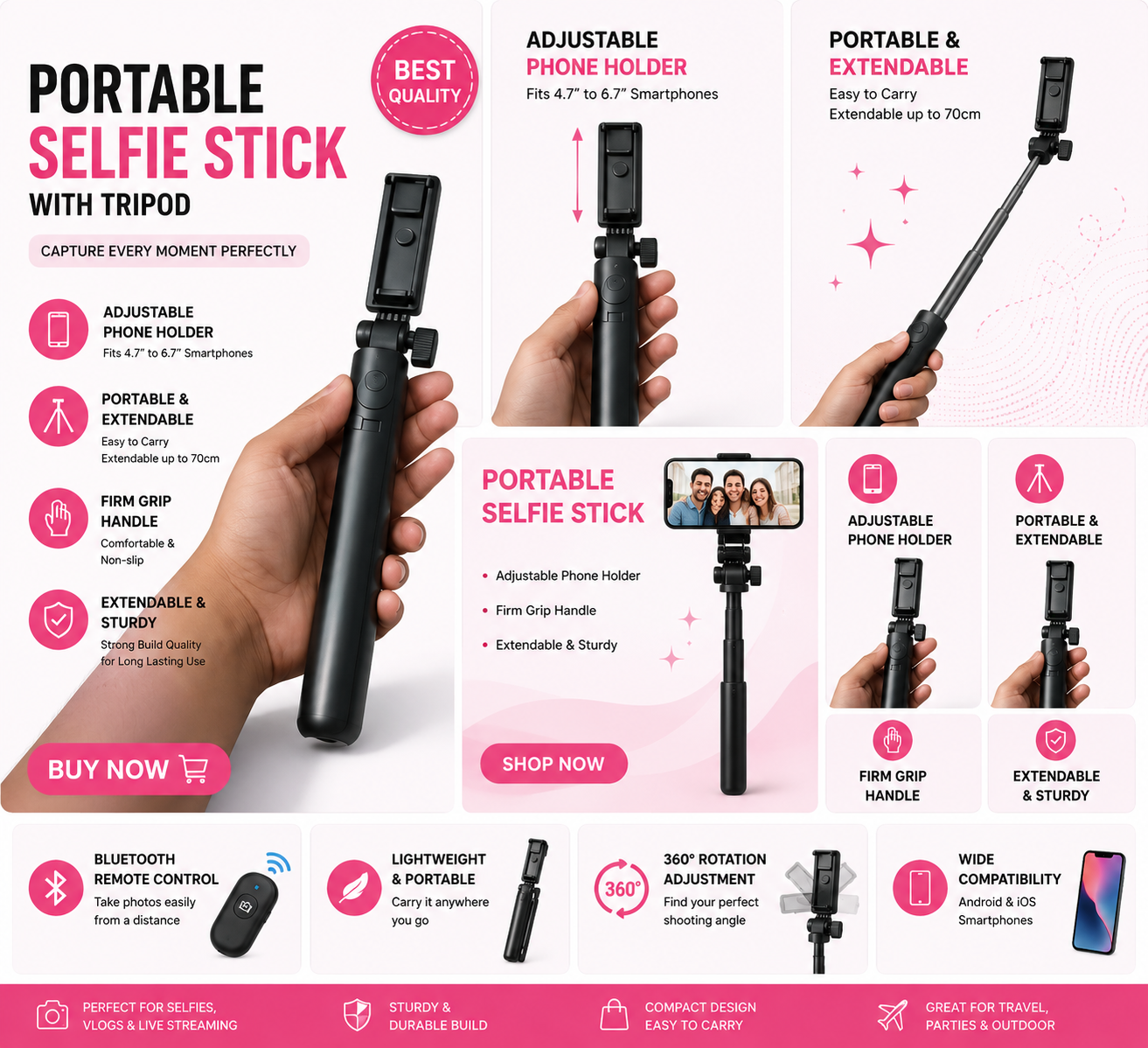4-in-1 Portable Selfie Stick Tripod with Wireless Remote | Adjustable Bluetooth Selfie Stick for Android & iPhone