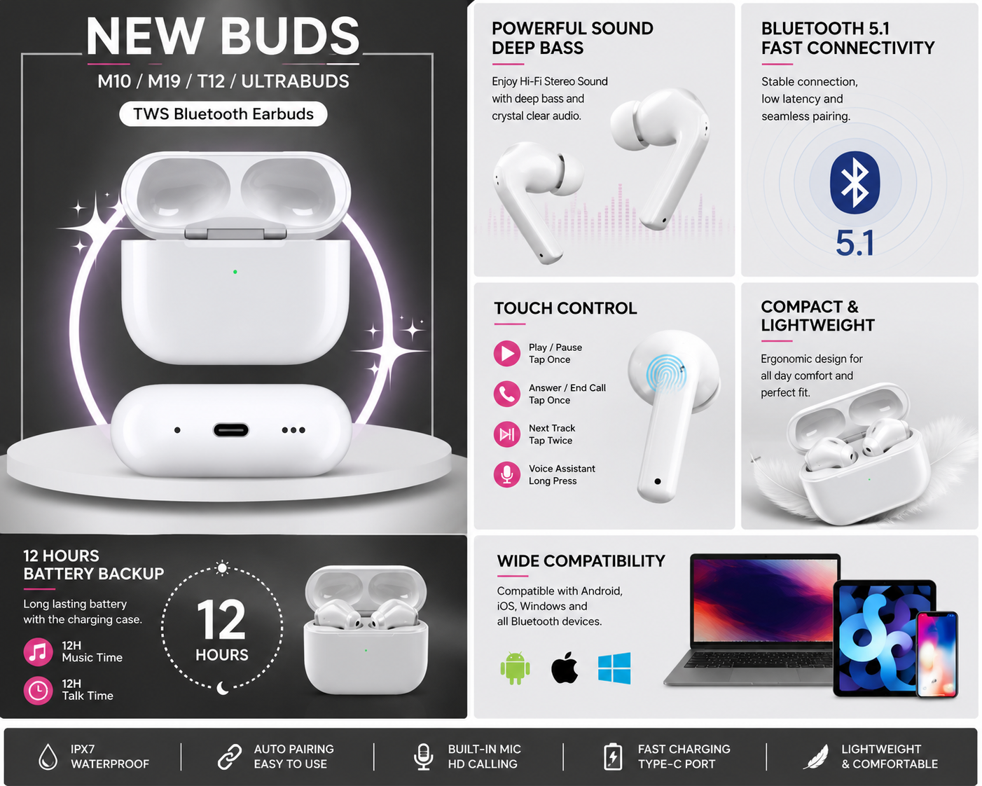 M10 TWS Wireless Earbuds with Charging Case | Bluetooth 5.1 Earphones | HD Sound & Deep Bass