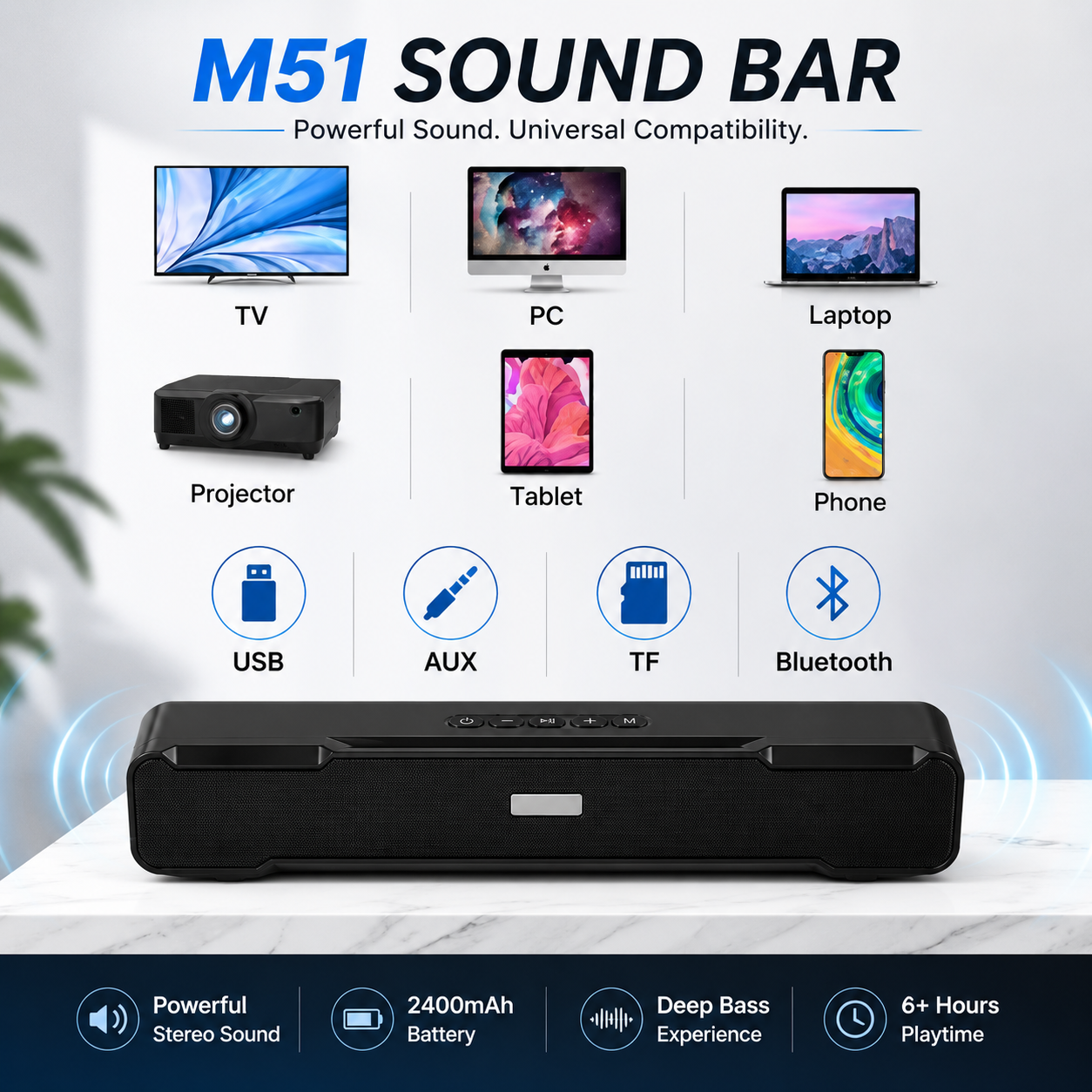 FRONY 15W Bluetooth Soundbar Speaker | 2400mAh Battery | Wireless Bluetooth 5.0 | LED Display | Deep Bass | USB/TF/AUX Support