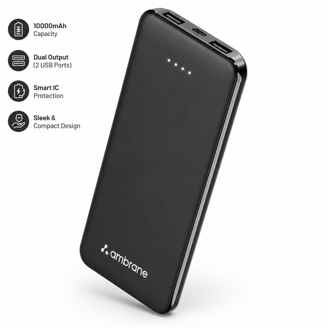 Ambrane Neos 11 10000mAh Power Bank | 12W Fast Charging | Dual USB Output | Multi-Layer Protection | Compact Design | Made in India | Black