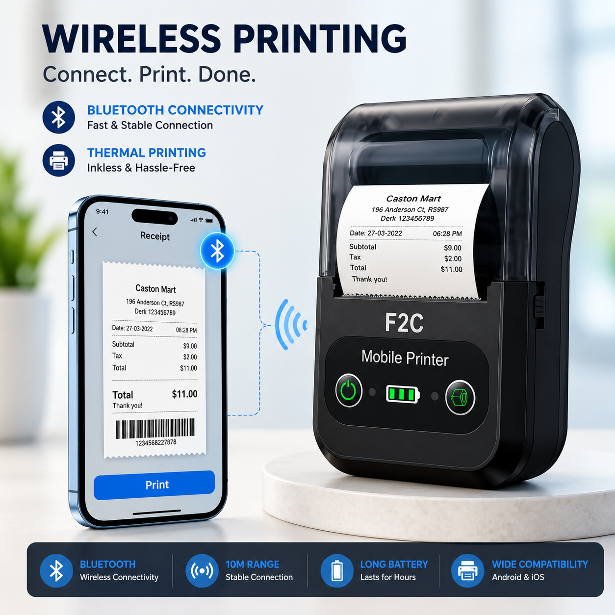 F2C 58mm Portable Bluetooth Thermal Printer | Wireless Mini Receipt Printer | USB + Bluetooth | Android & Windows Compatible