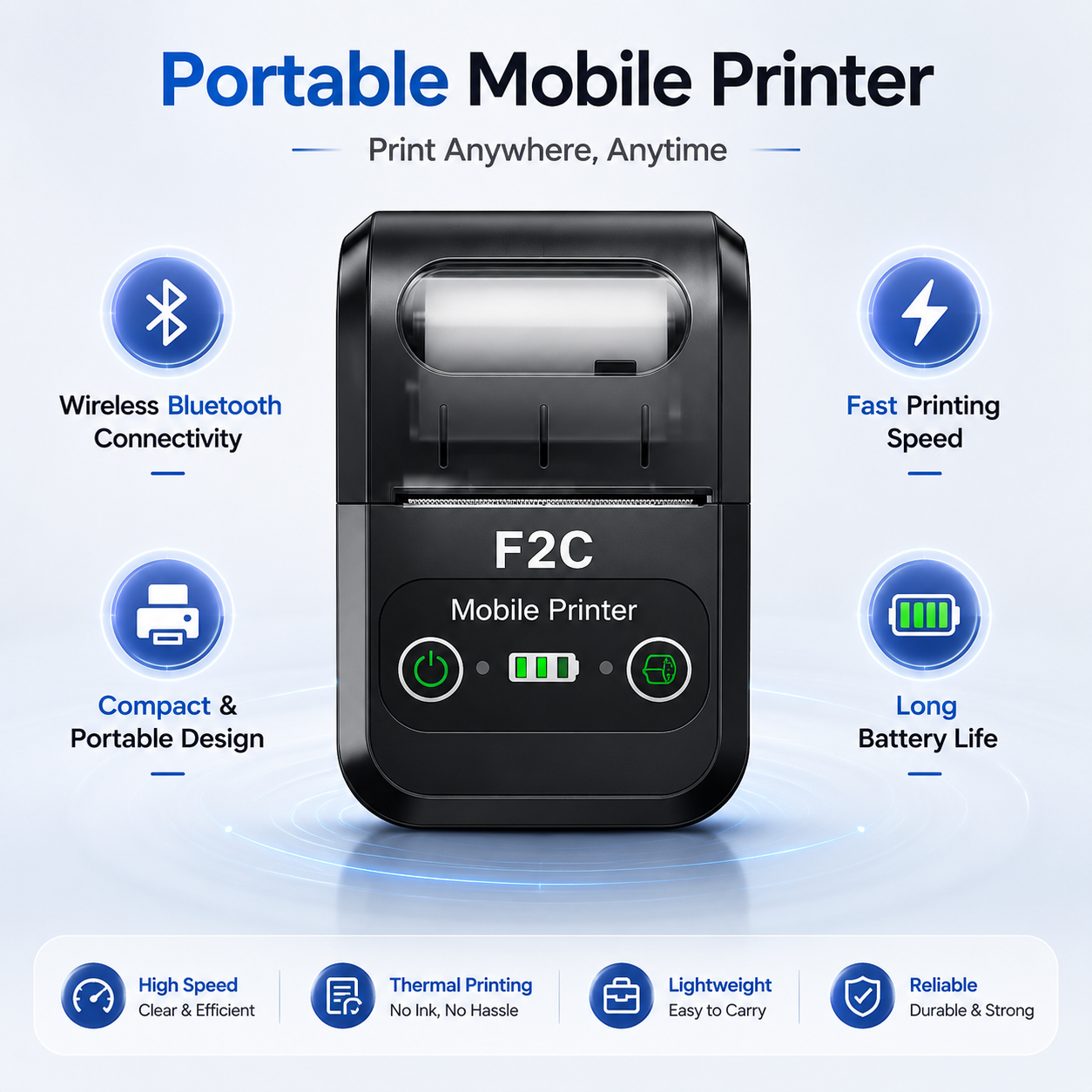 F2C 58mm Portable Bluetooth Thermal Printer | Wireless Mini Receipt Printer | USB + Bluetooth | Android & Windows Compatible