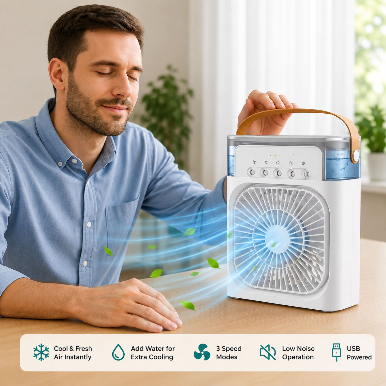 Portable Air Cooler Fan with Water Tank & Mist Spray | USB Rechargeable Cooling Fan
