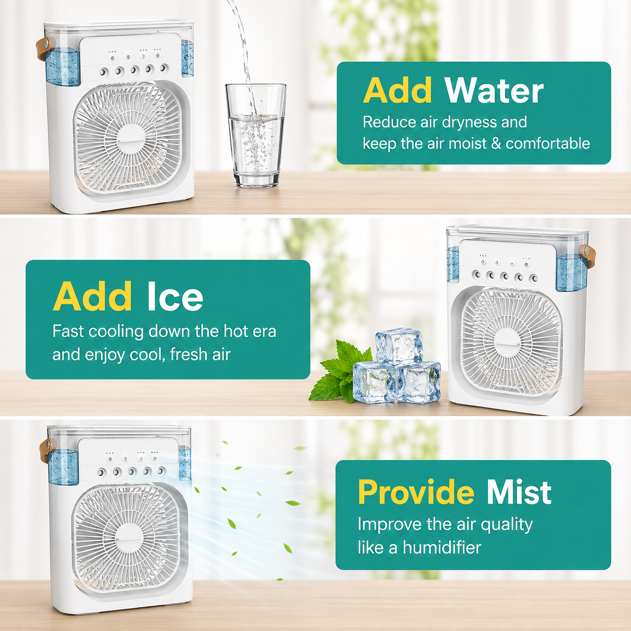 Portable Air Cooler Fan with Water Tank & Mist Spray | USB Rechargeable Cooling Fan