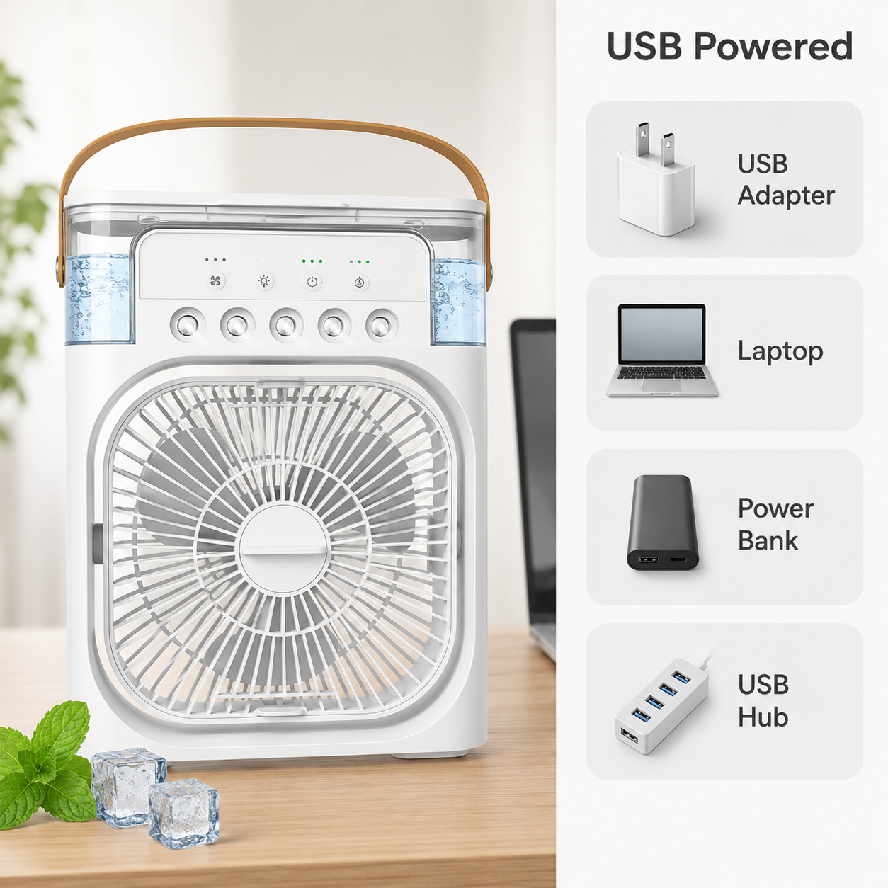 Portable Air Cooler Fan with Water Tank & Mist Spray | USB Rechargeable Cooling Fan