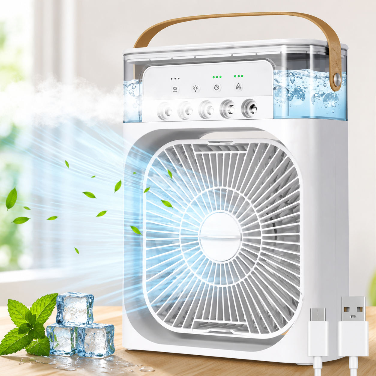 Portable Air Cooler Fan with Water Tank & Mist Spray | USB Rechargeable Cooling Fan