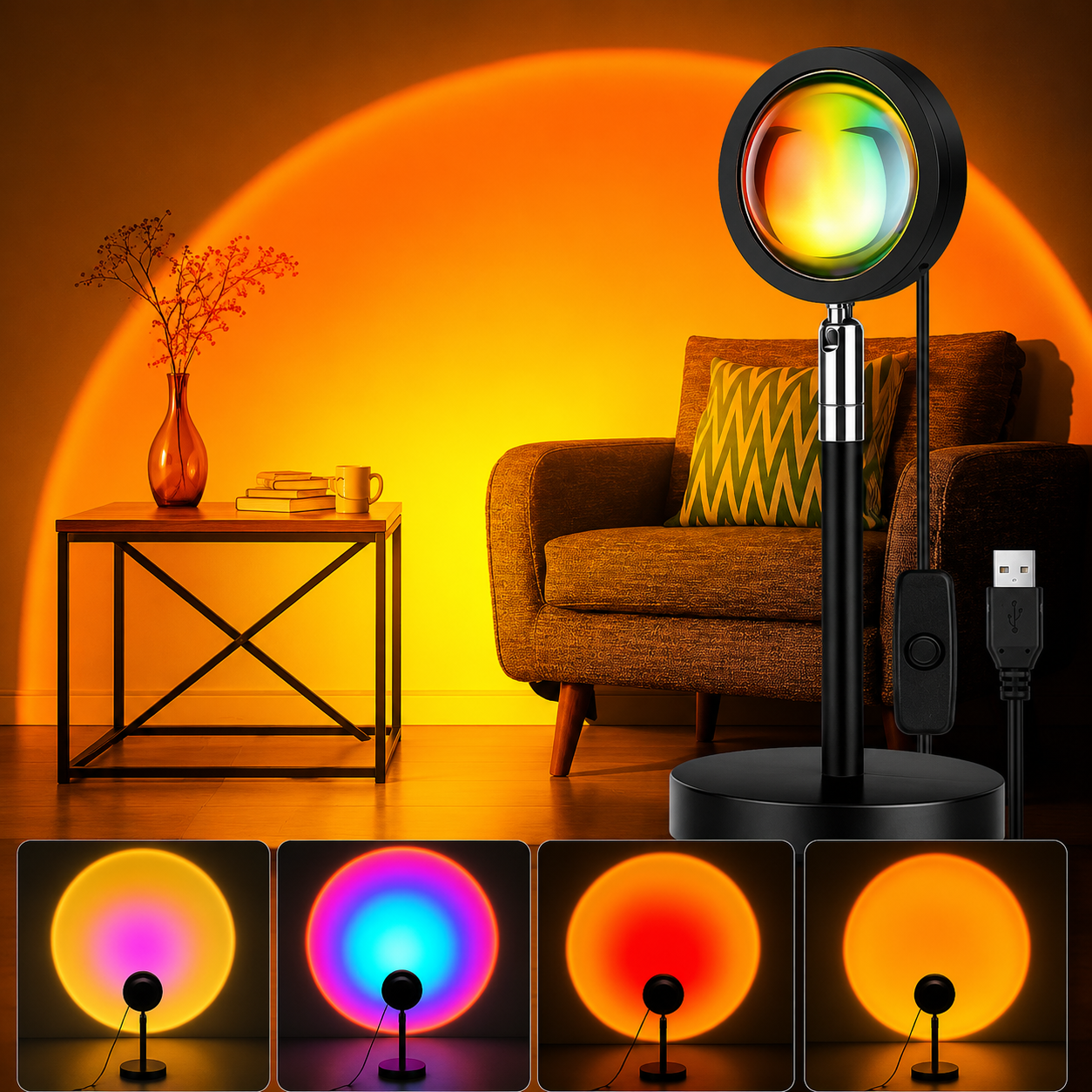 4-in-1 Sunset Projection Lamp | RGB Mood Light | Romantic Room Decor &amp; Photography Lighting Lamp
