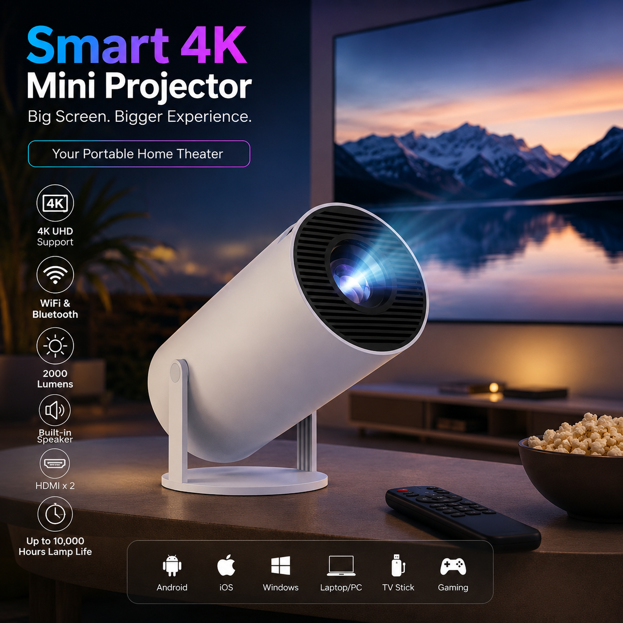 Smart 4K WiFi & Bluetooth Mini Projector | Home Theater LED Projector with Built-in Speaker