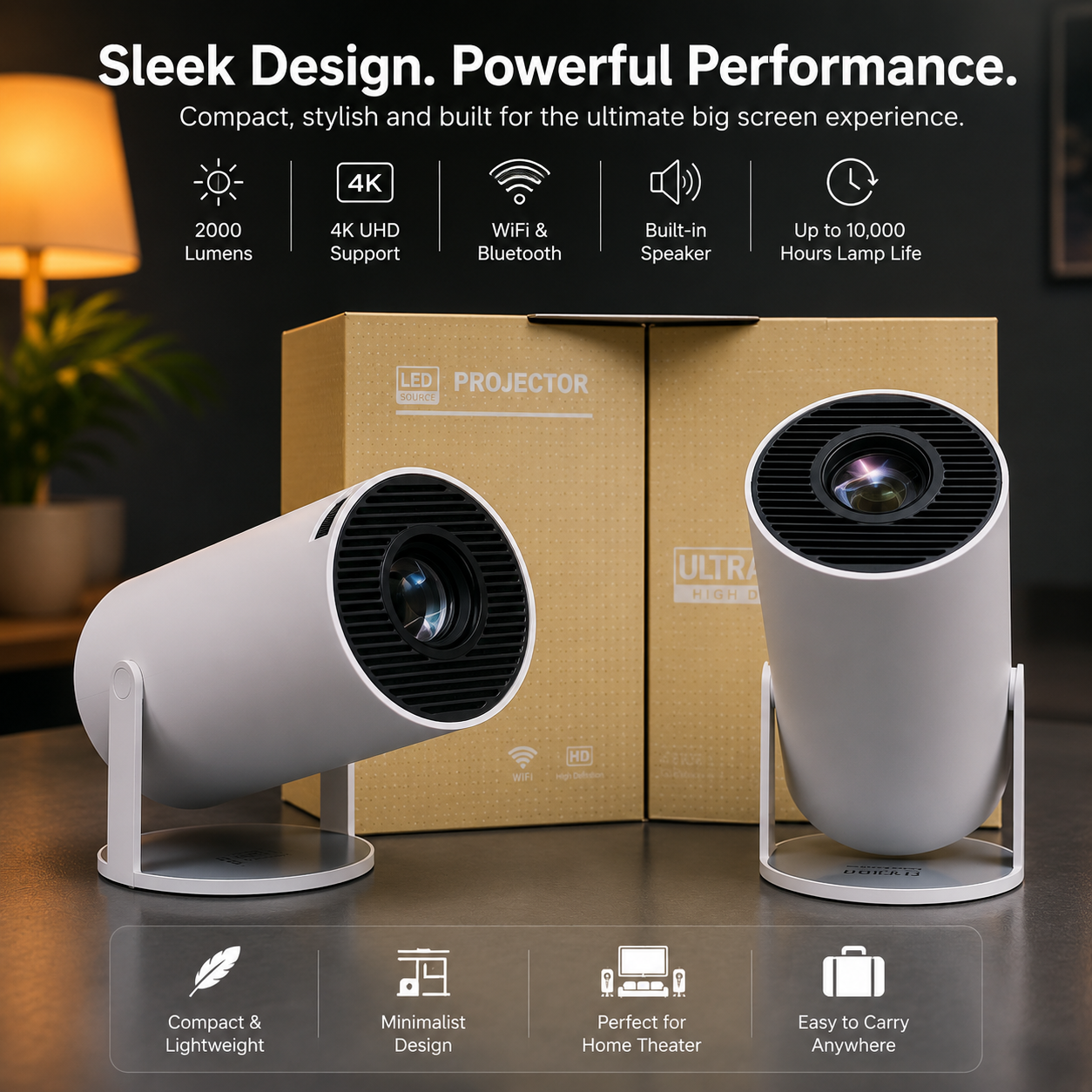 Smart 4K WiFi & Bluetooth Mini Projector | Home Theater LED Projector with Built-in Speaker