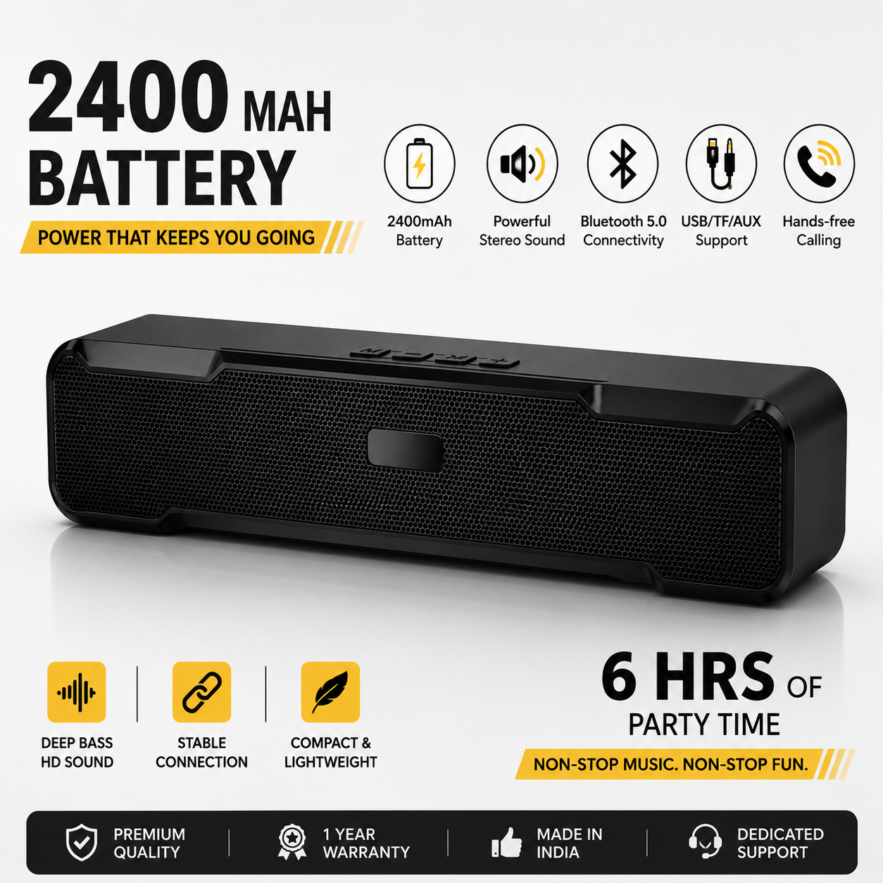 FRONY 15W Bluetooth Soundbar Speaker | 2400mAh Battery | Wireless Bluetooth 5.0 | LED Display | Deep Bass | USB/TF/AUX Support