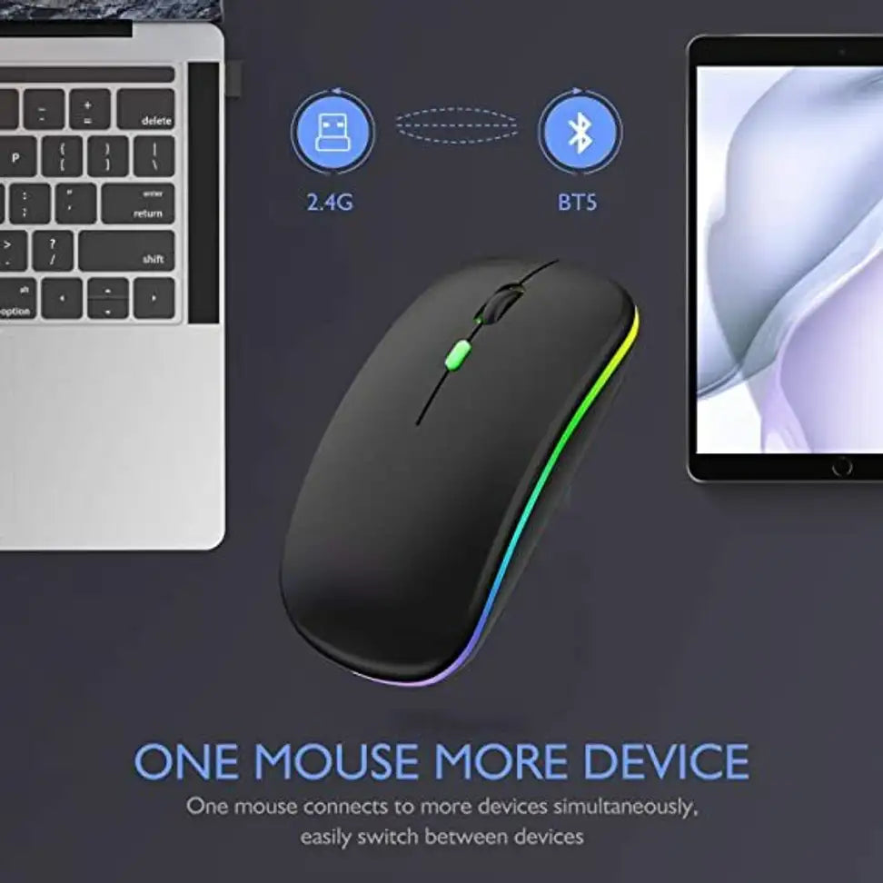 Dezful Rechargeable Wireless RGB Mouse | Bluetooth + 2.4GHz | Silent Click | Adjustable DPI | Lightweight Design