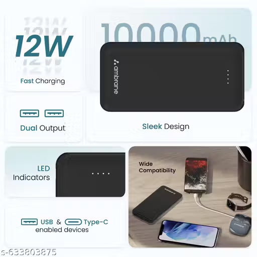 Ambrane Neos 11 10000mAh Power Bank | 12W Fast Charging | Dual USB Output | Multi-Layer Protection | Compact Design | Made in India | Black