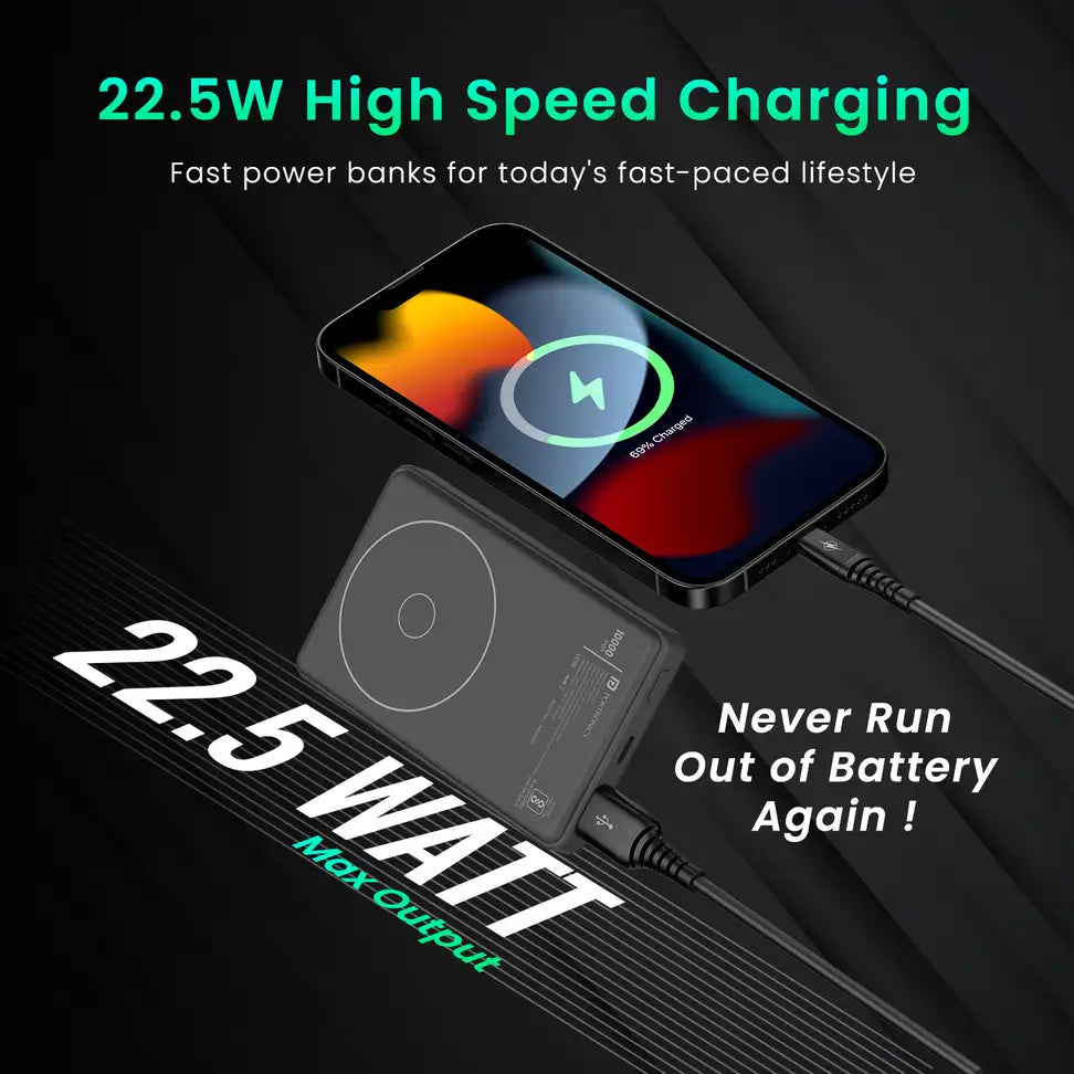 Portronics 10000mAh Magnetic Wireless Power Bank | 22.5W Fast Charging | MagSafe Compatible | Type-C Output | Portable Power Bank